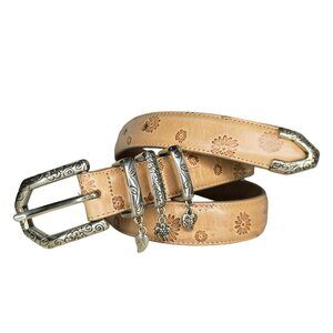 Brighton Floral Embossed Leather Belt With Silver-Tone Accents & Charms Size M